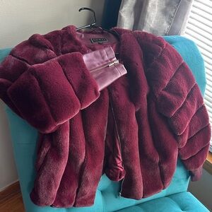 GUESS Burgundy Faux Fur Coat
